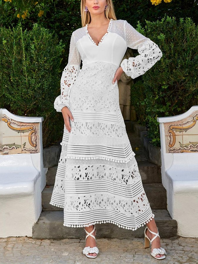 Women's Elegant V neck Lace Stitching Polka Dot Mesh Layered Skirt Hem Puff Sleeve Dress