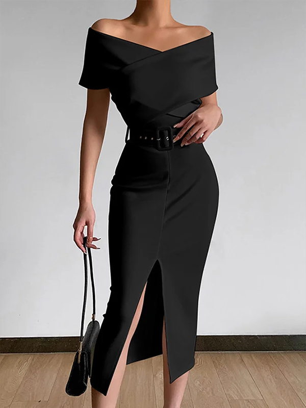 Ladies Elegant Fashion Off Shoulder Belt Dress
