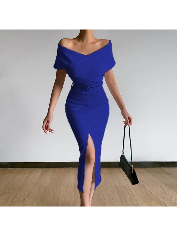 Ladies Elegant Fashion Off Shoulder Belt Dress - Minicousa.com 