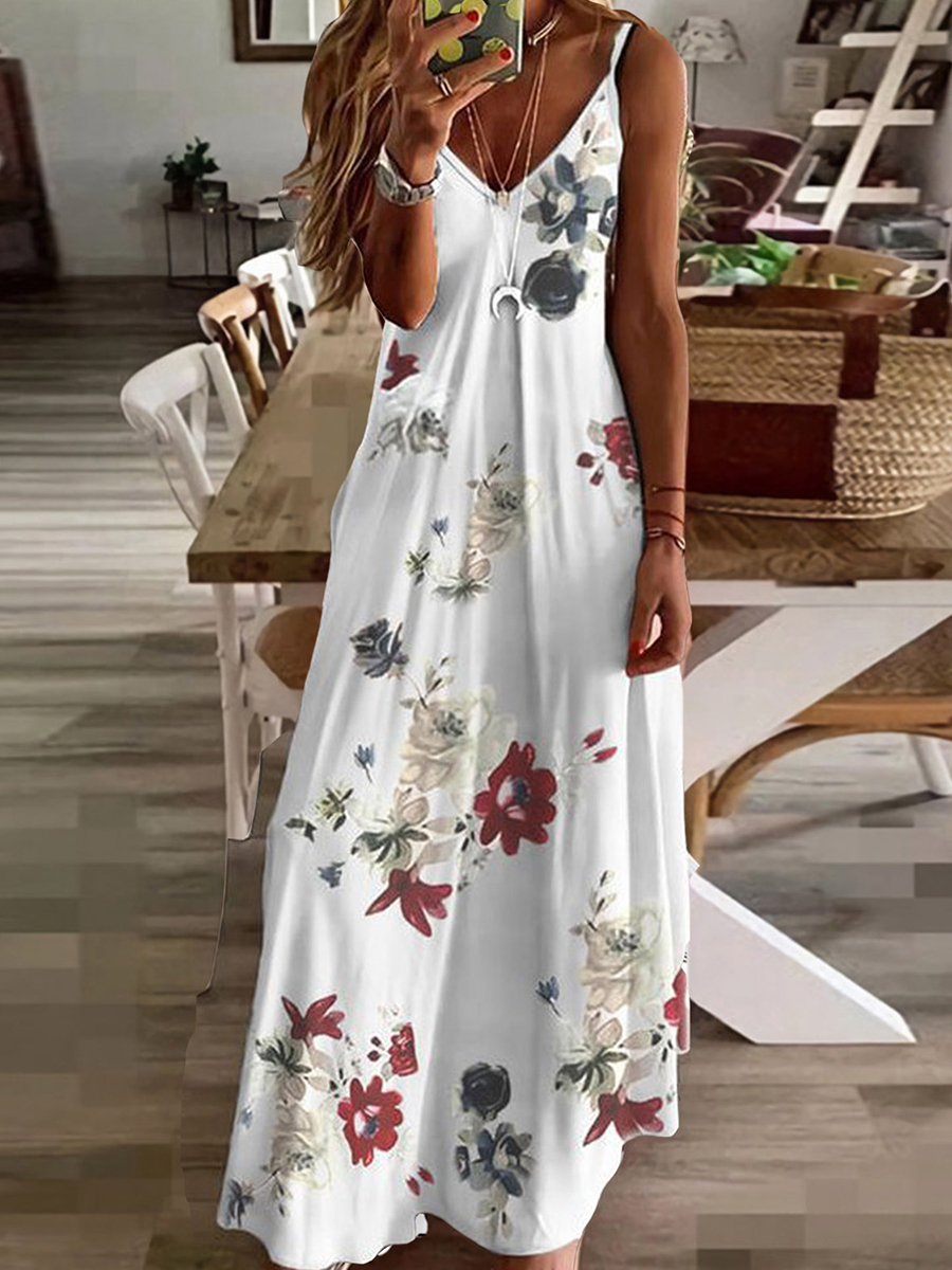 V neck Floral Print Sleeveless Dress