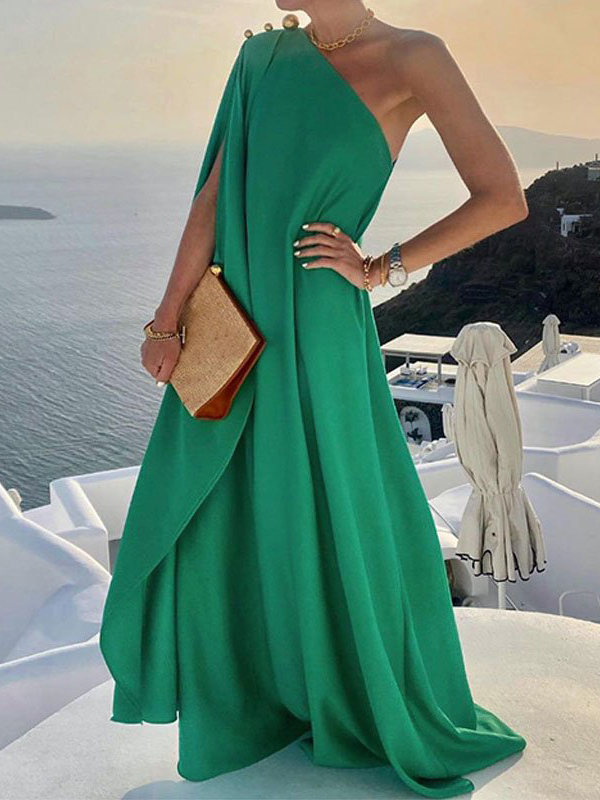 Ladies Elegant Solid Color One Shoulder Dress