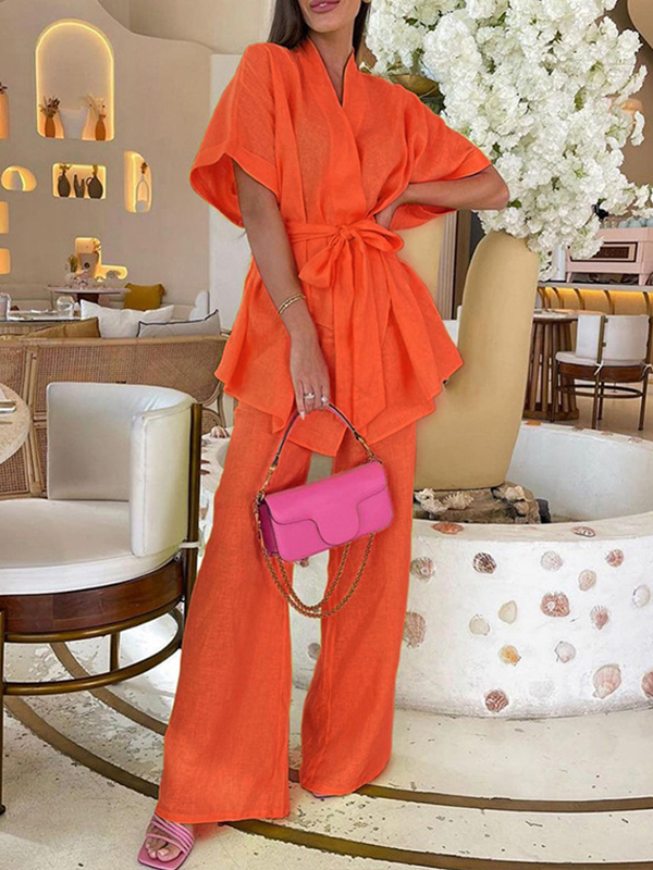 Ladies Elegant Cotton Linen Short Sleeve Pants Set