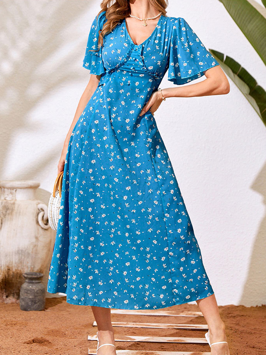 Elegant Floral Print Short Sleeve Chiffon Dress