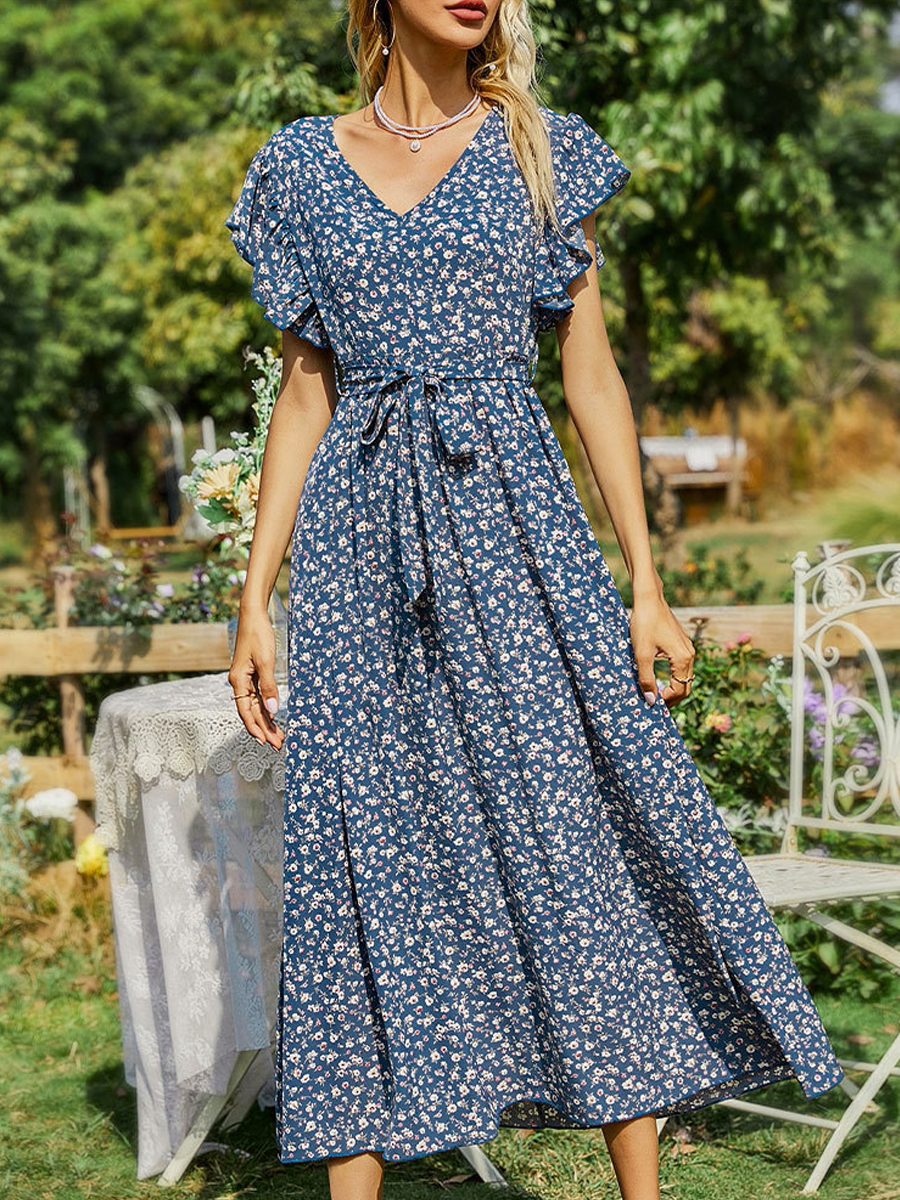 Summer Floral Print V neck Polyester Dress