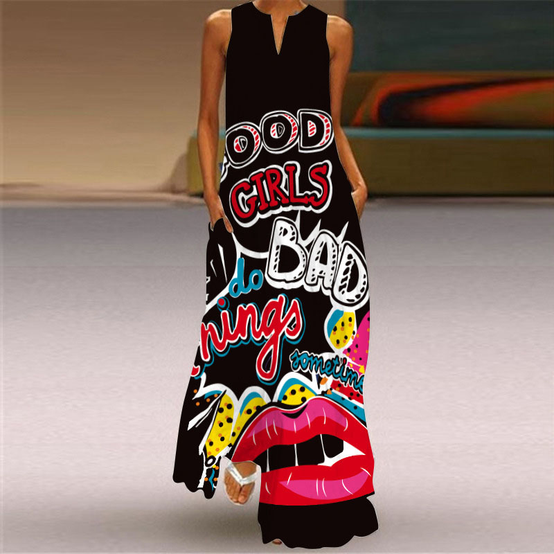 Ladies Fashion V Neck Vintage Print Long Dress