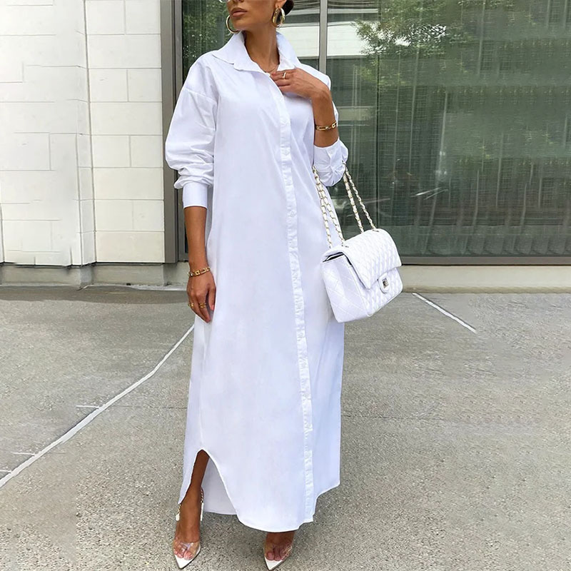 Ladies Elegant Fashion Solid Color Shirt Dress