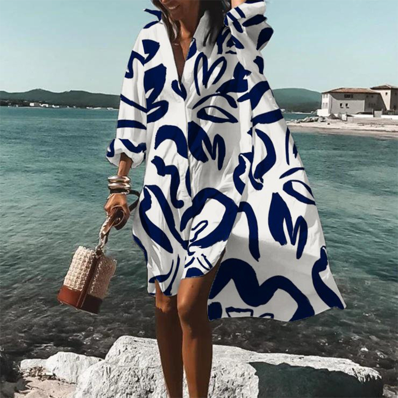 Ladies Fashion Print Elegant Loose Shirt Dress