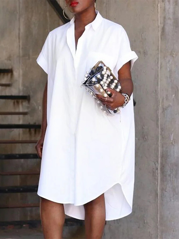 Ladies Elegant Shirt Collar Casual Cotton Linen Short Sleeve Dress