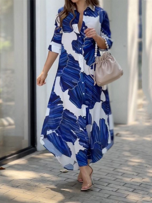 Ladies Elegant Print Lapel Long Sleeve Single Breasted Shirt Dress