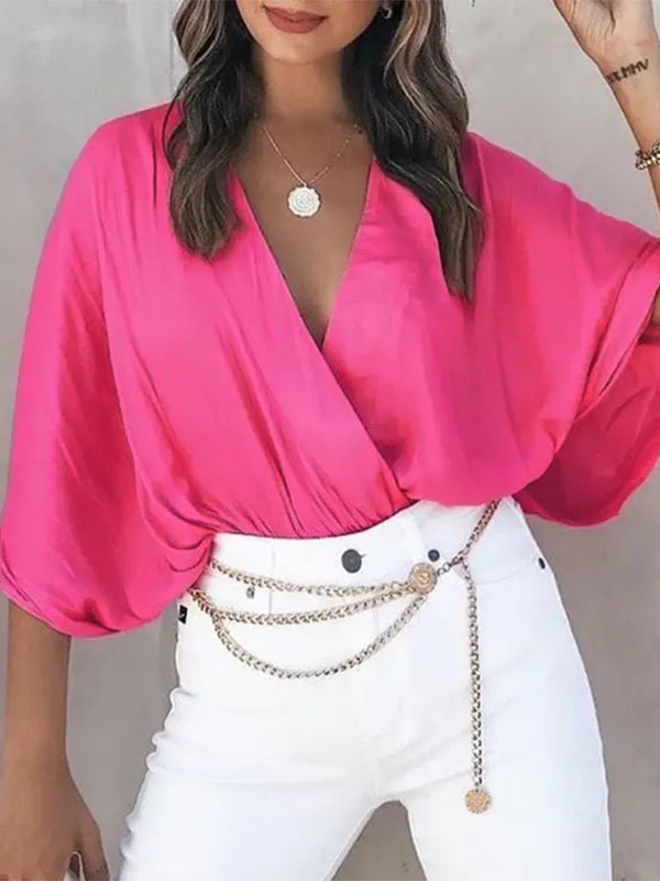 Ladies Elegant Fashion Solid Color V Neck Top
