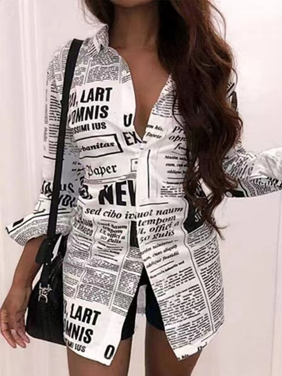 Casual Letter Print Lapel Long Sleeve Blouse