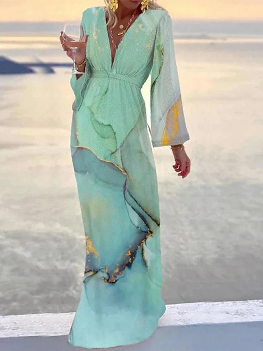 Casual Marble Print V Neck Long Sleeve Maxi Dress