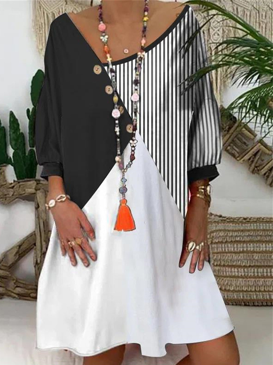 Casual Colorblock Irregular Print V Neck Long Sleeve Dress
