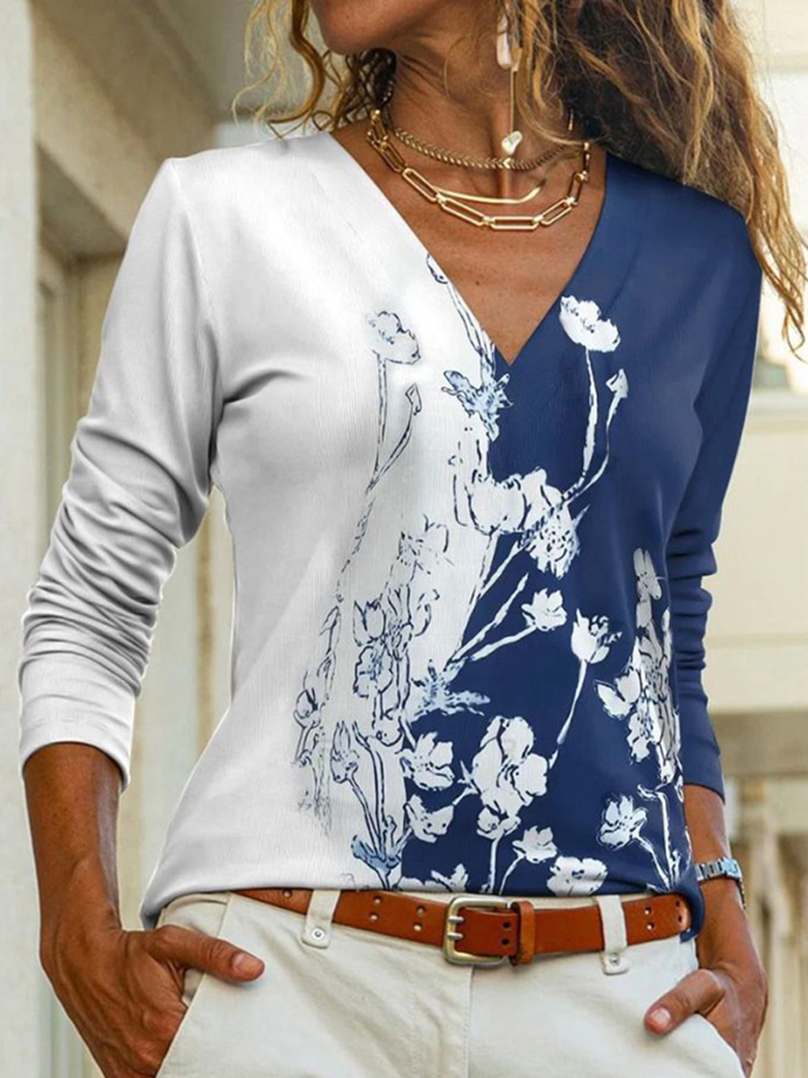 Casual V Neck Floral Print Long Sleeve T Shirt