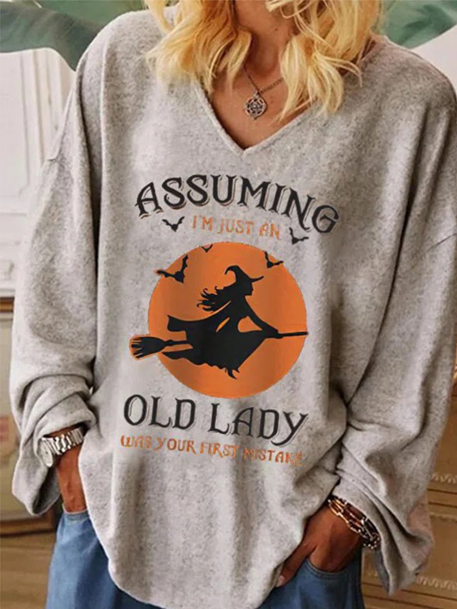 Holiday Loose V Neck Chic Casual Long-sleeved Halloween T-shirt