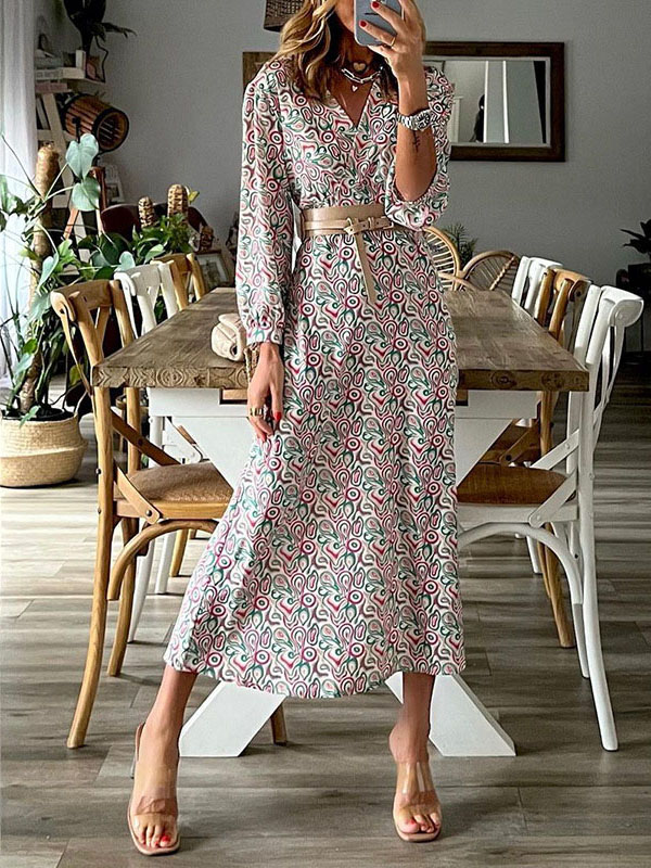 Ladies Elegant Fashion V Neck Long Sleeve Boho Print Dress