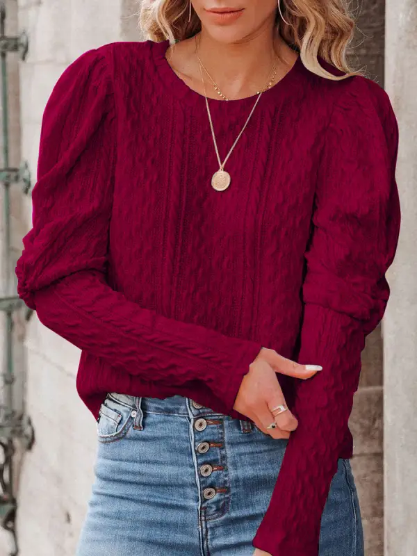 Round Neck Casual Loose Twist Long Sleeve Sweater Pullover - Ininrubyclub.com 