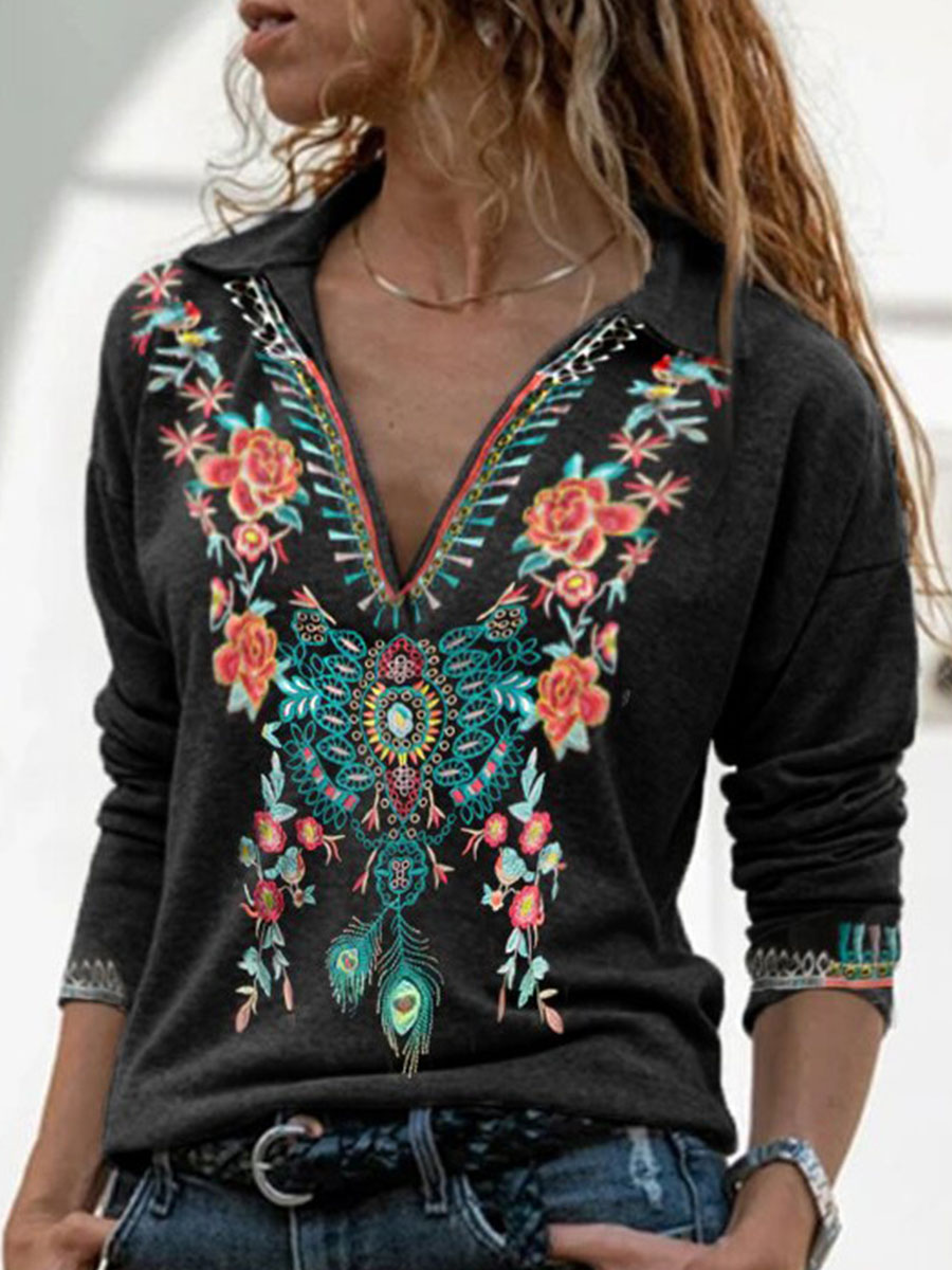 Casual Floral Print Long Sleeved T Shirt