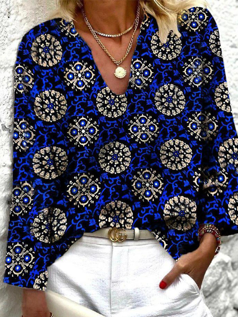 Geometric Printed V Neck Long Sleeve Blouse