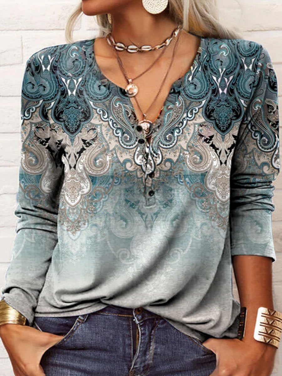 Round Neck Casual Loose Chic Vintage Print Long Sleeve T-shirt