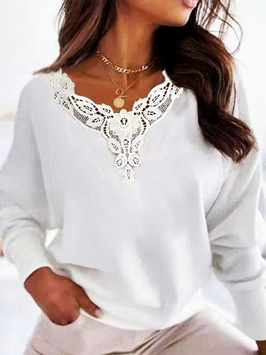 Casual Lace V Neck Long Sleeves T shirt