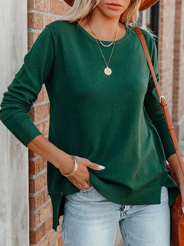 Ladies Elegant Fashion Solid Color Round Neck Sweater