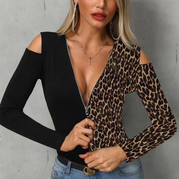 Sexy V-neck Long Sleeve Stitching Leopard Print Top - Leanarea.chimpone.com 