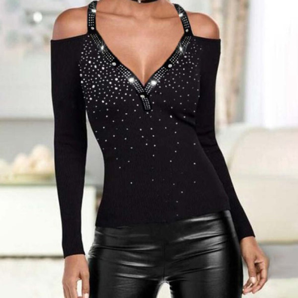 Sexy V neck  Strapless  Rhinestone Long Sleeve Top 