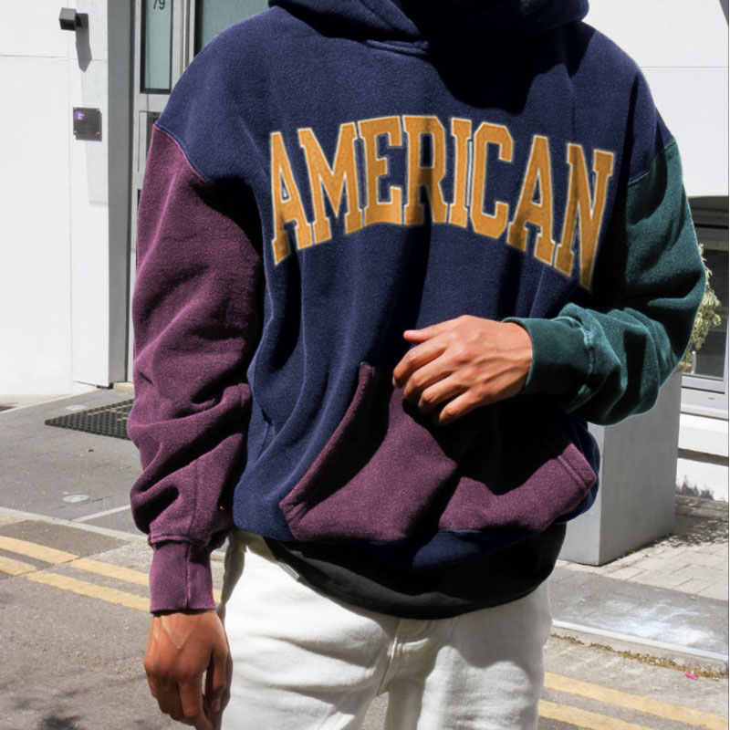 Retro Men's AMERICAN Contrast Casual Hoodie