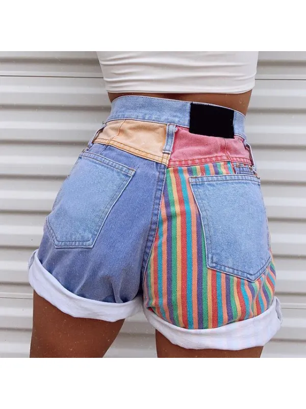 Fashion Color Striped Stitching Denim Shorts - Realyiyi.com 