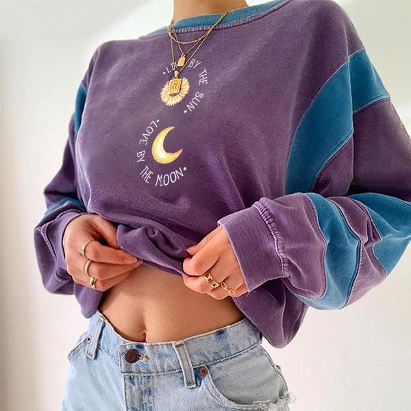 Sun Moon Letter Print Contrast Color Stitching Pullover Swe