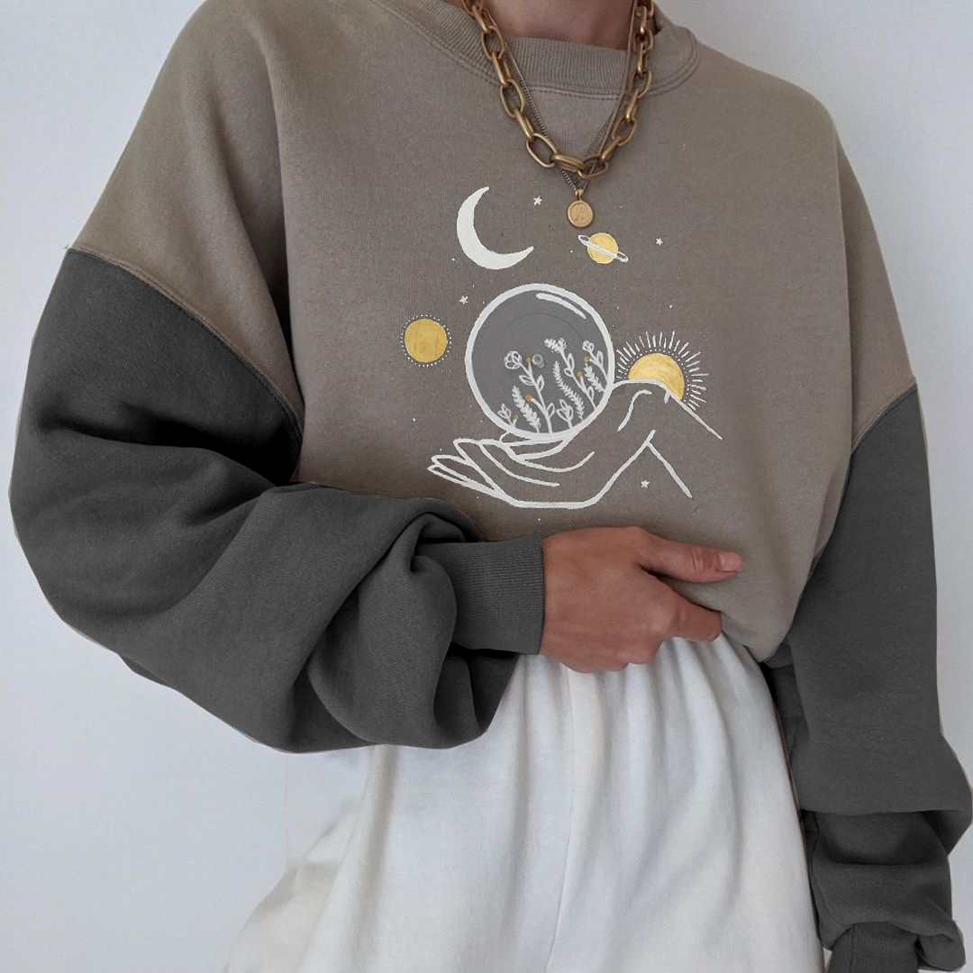 Colorblock Sun Universe Print Casual Hoodie