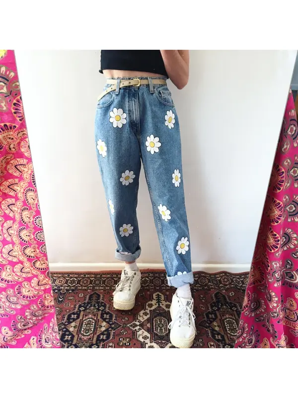 Fashion Flower Print Loose Jeans - Machoup.com 