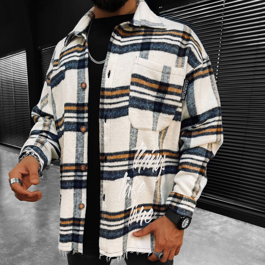 

Checked Texture Fleece Shirt Jacket