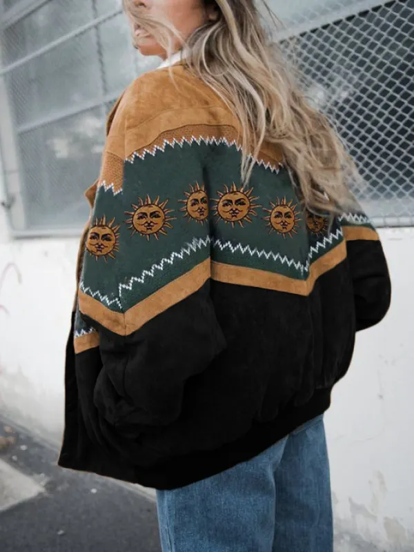 Vintage Aztec Splicing Loose Printed Color Jacket - Timetomy.com 