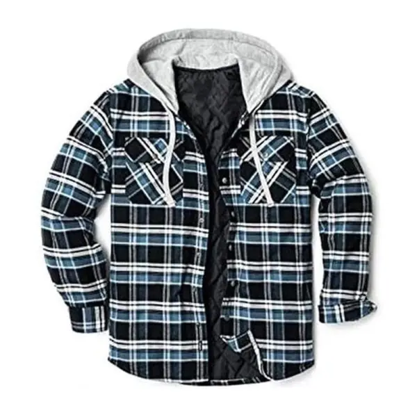 Hooded Plaid Casual Long Sleeve Pocket Jacket Shirt Top - Nikiluwa.com 