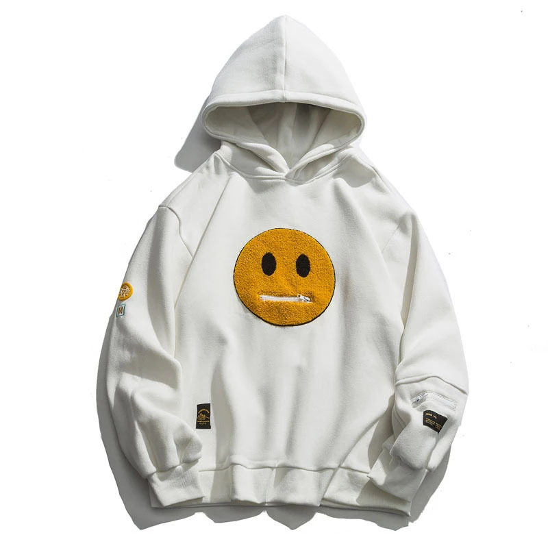 Zipper Pocket Smile Face Patchwork Fleec Hoodie