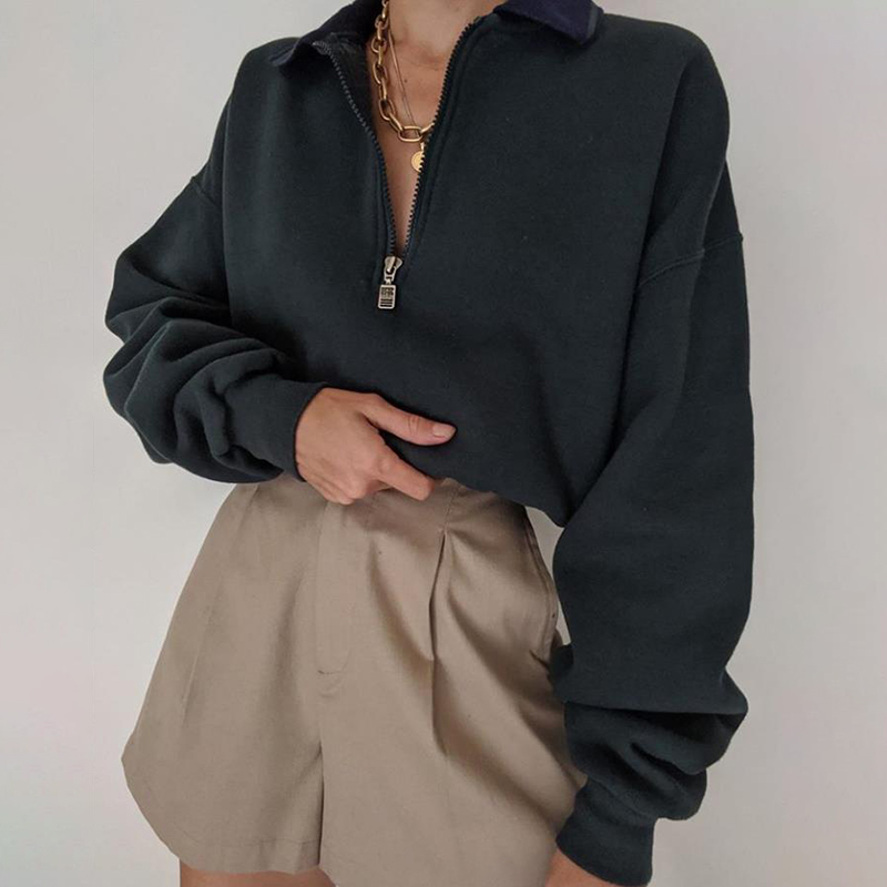 Ladies Casual Retro Zipper Collar Loose Sweatshirt