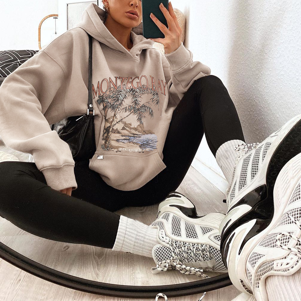 Modern Printed Pocket Long Sleeve Hoodie