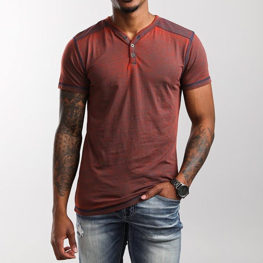 

Men's Henley Collar Contrast Vintage Print T-Shirt