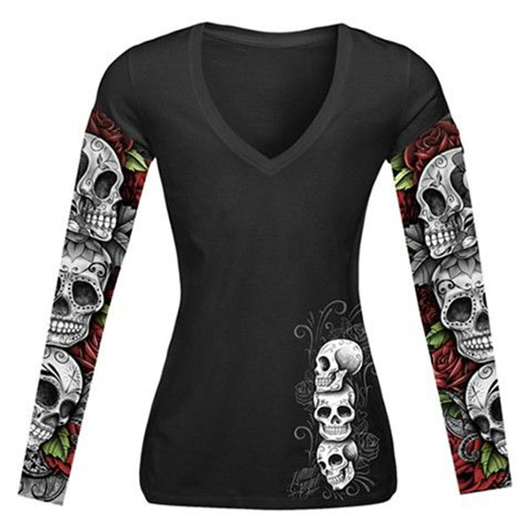 Womens Skull Print Long-sleeved Chic T-shirt