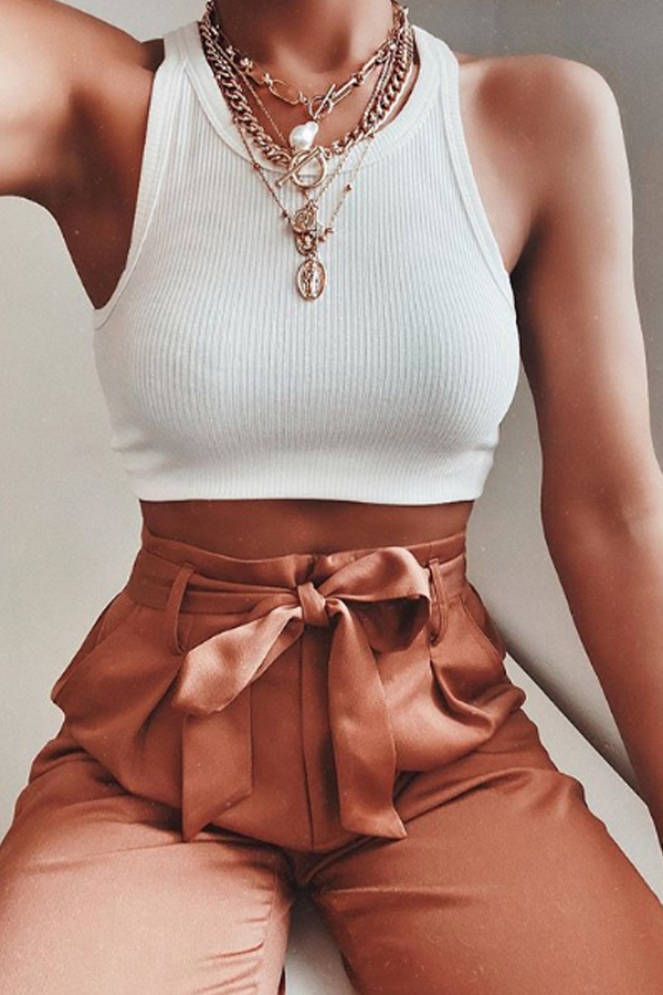 Sexy Solid Color Round Neck Tight Fashion Top