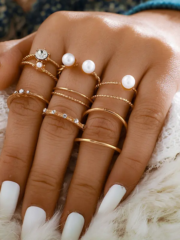 New European and American minimalist style ring set 8-piece pearl ring - Inkshe.com 