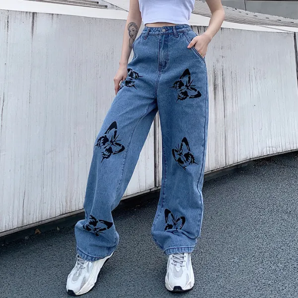 Butterfly print straight-leg casual jeans - Leanarea.chimpone.com 