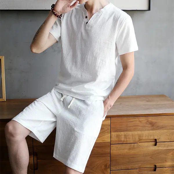 Men's linen short-sleeved shorts suit - Annafile.chimpone.com 