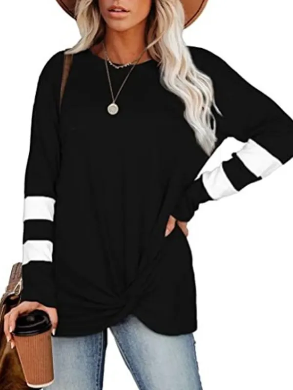 Round neck long-sleeved sleeve stitching casual twist T-shirt - Luvyle.chimpone.com 