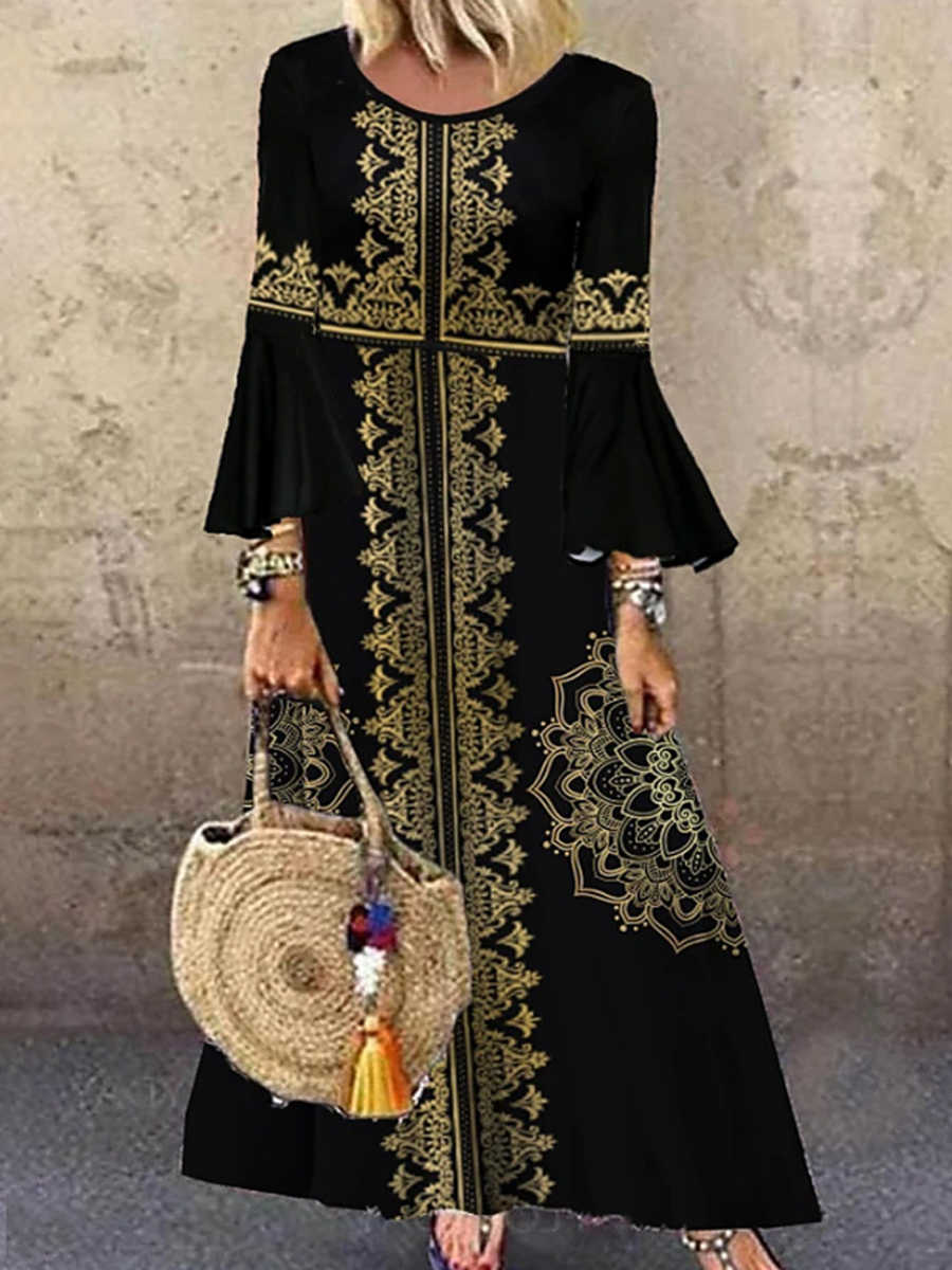 Vintage Round Neck Flared Sleeve Maxi Dress