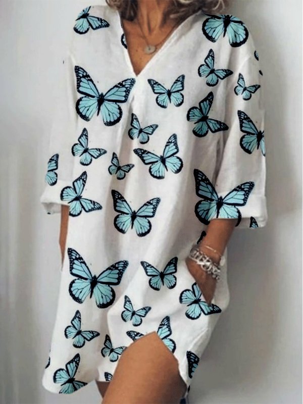 

Butterfly Print Long Sleeve V-neck Loose Medium Dress