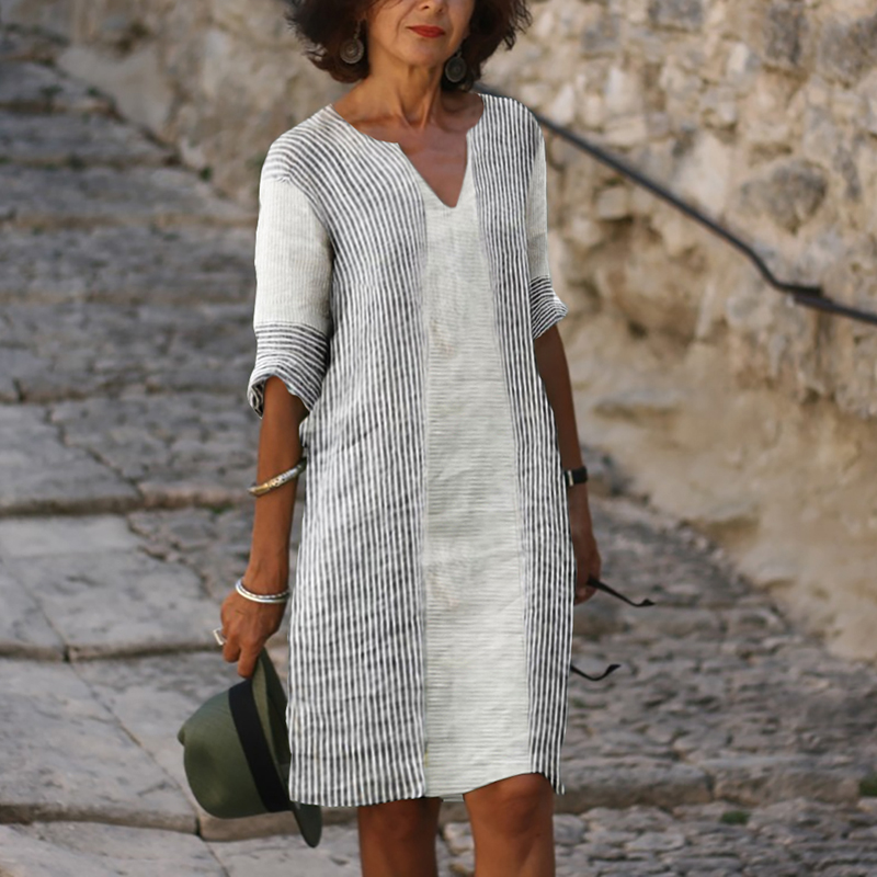 Fashion Casual V neck Sleeve Striped Dress