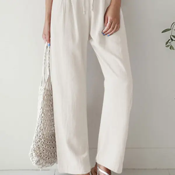Casual Solid Color Straight Leg Elastic Waist Cotton Linen Pants - Kalesafe.com 
